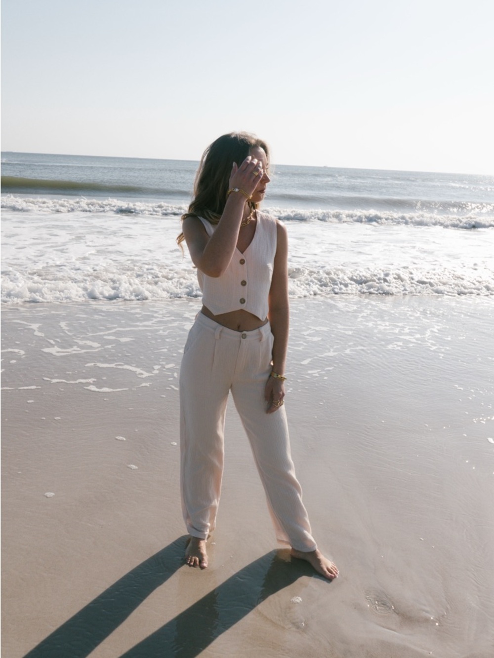 Cream Button-Front Crop Top and Matching Pants Set